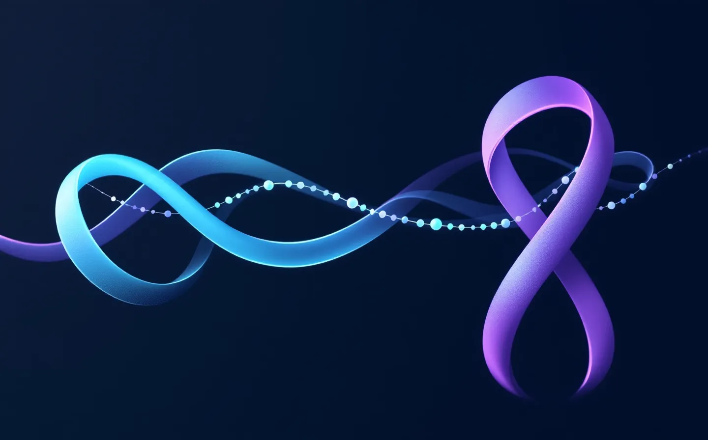 Abstract bright-on-dark graphic of two parallel rounded paths in blue and violet over a graphite ground, with a faint mint peptide-chain node motif behind them