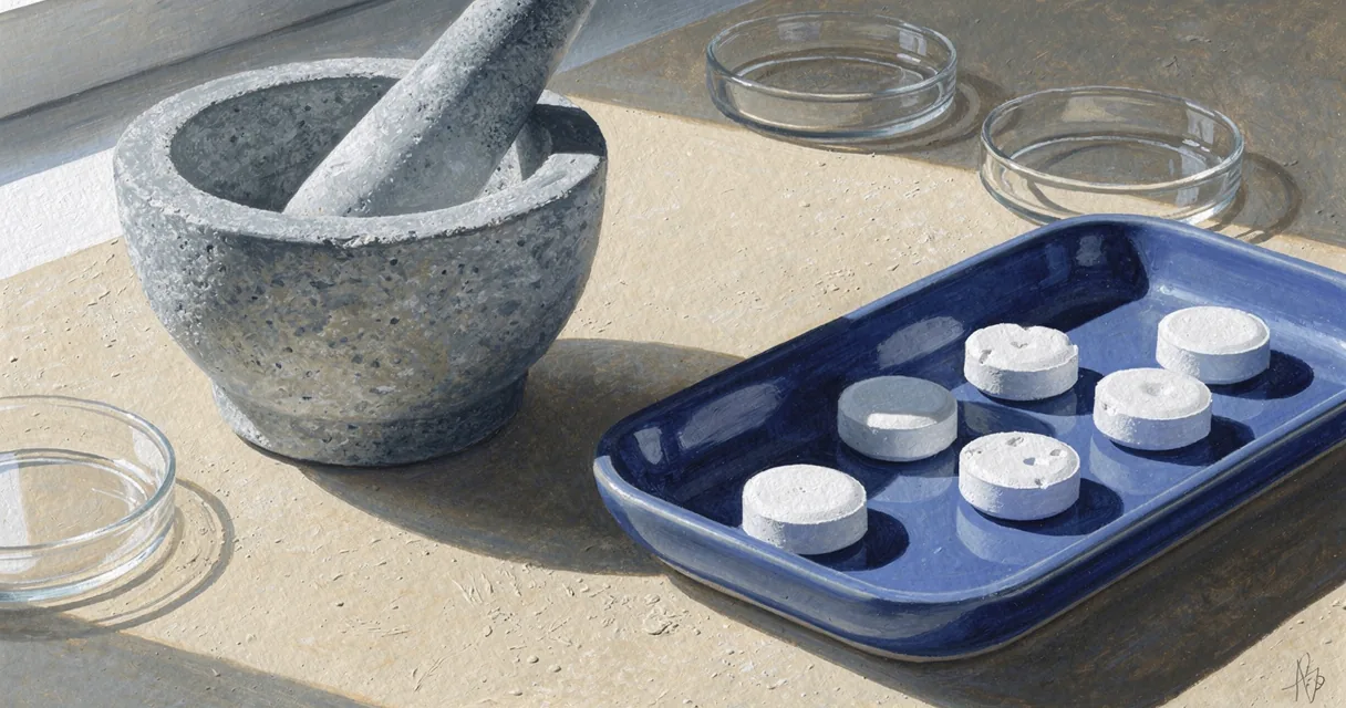 Gouache still life of plain tablets, a ceramic mortar and shallow glass dishes on a putty bench