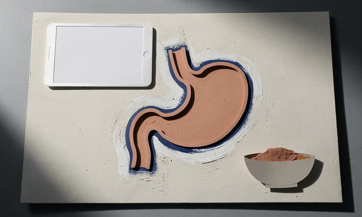 Paper and gouache illustration of a stomach with a tablet outside it and a meal bowl nearby