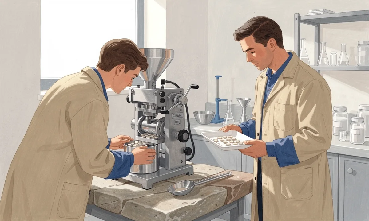 Two illustrated formulation technicians examine a small tablet press beside ceramic sample trays